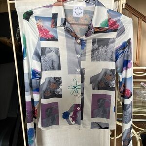 White Satin Graphic Button-Up Shirt